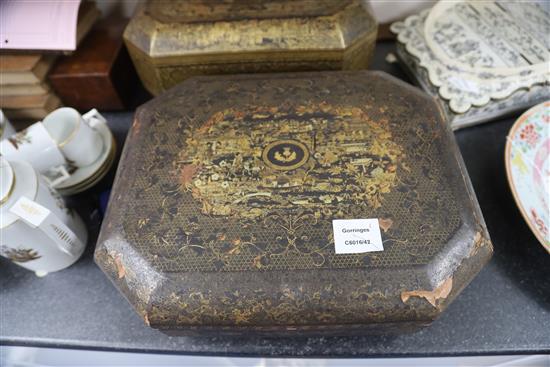 A 19th century Chinese export black lacquer work box, largest width 38cm depth 31cm height 14cm